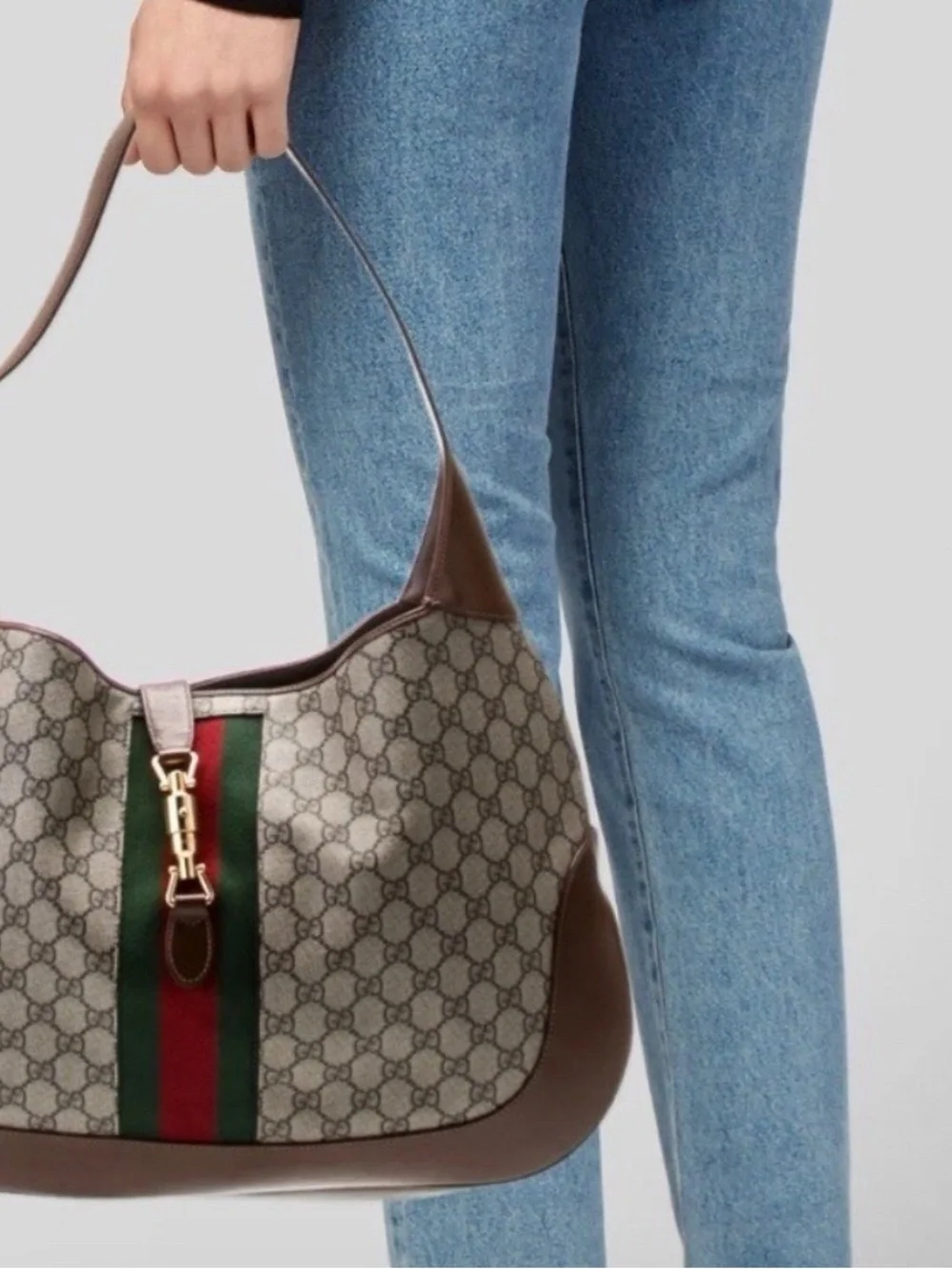 Gucci Brown GG Canvas Shoulder Bag with Green and Red Web